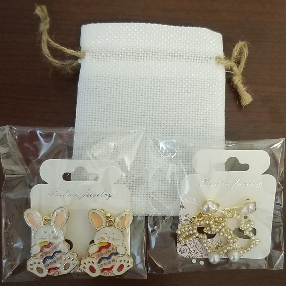 Easter Bunny Earrings Lot - Gold and White